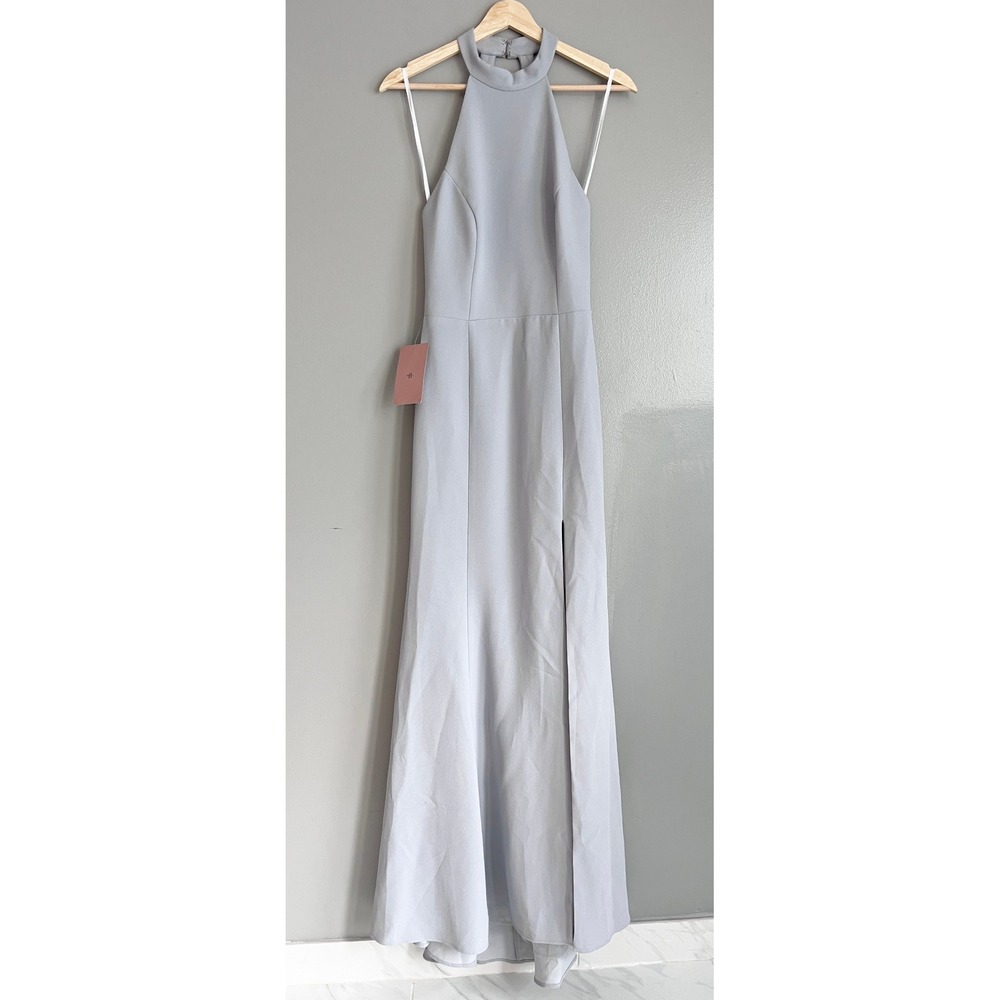BHLDN Montreal Crepe Maxi Dress 10 Blue High Neck Open Back Slit Formal NWT